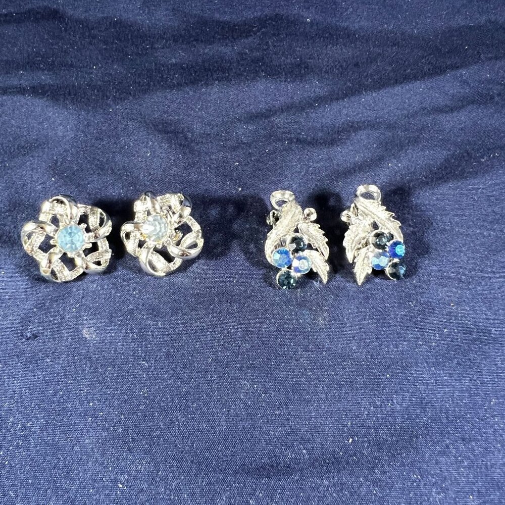 Vintage Silver Clip-On Earrings Set With Blue Rhinestones - Floral & Leaf Design